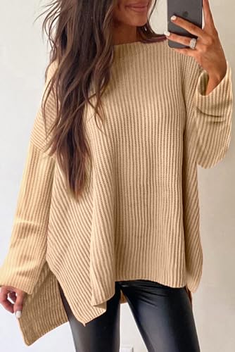 Women's Apricot Cable Knit Drop Shoulder Sweater with Side Slits2