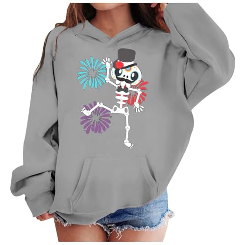Cute Hoodies Skull Graphic Print Hooded Long Sleeve Halloween Pullover Tops Pocket Loose Comfortable Sweatshirt