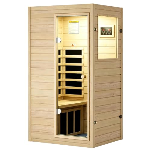 Image of LTCCDSS 1 Person Compact Infrared Sauna, 905W Low EMF Far Infrared Sauna Indoor Sauna, European Aspen Wooden Sauna for Home with Bluetooth Speakers, 36.6 inchx29.3 inchx63 inch, Right Door