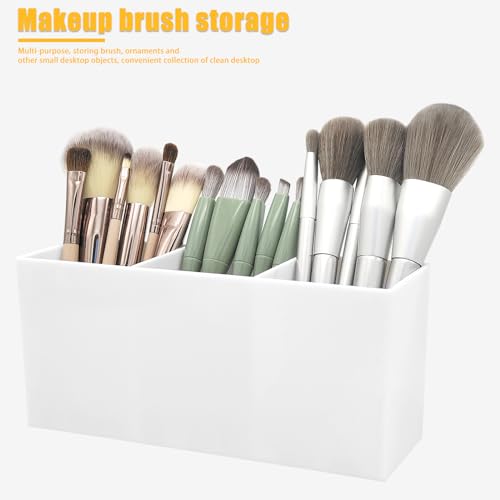 Image of Cerpourt White Makeup Brush Organizer,Acrylic Cosmetic Brushes Storage Holder with 3 Slots,Pencil Pen Holder for Desk,Desk Organizer and Accessories for Vanity