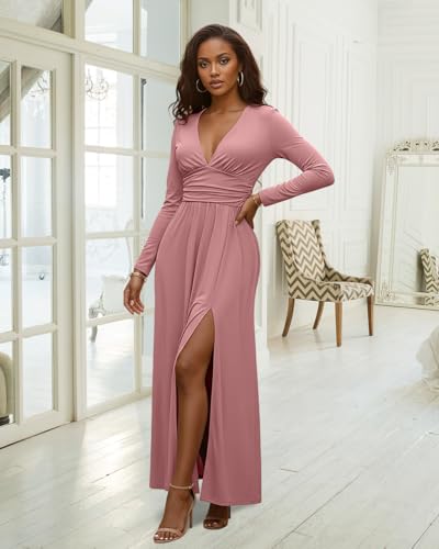 Image of Womens Backless Dress Sexy Halter Deep V Neck Maxi Dresses Sleeveless Long Cocktail Dress with Slit