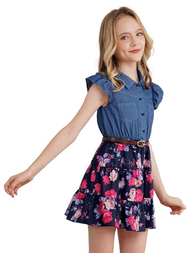 JEATHA Girls Summer Dress Sleeveless Denim Top Floral Print Tutu Princess Sundress Casual Wear2