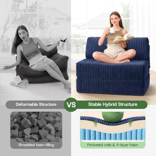 Image of Folding Sofa Bed Convertible 4 in 1 Sleeper Chair Blue Twin XL
