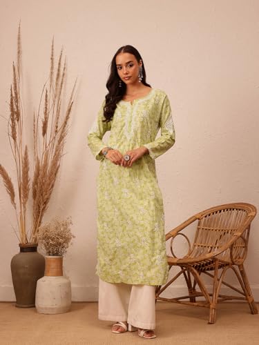 Image of Ada Women's Cotton Straight Fit Straight Hand Embroidered Lucknowi Chikankari Kurta Kurti A411378