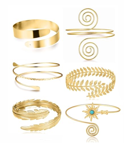 PLOMFOV 6 Pcs Arm Cuff Jewelry for Women Gold Upper Arm Bands Bangle Silver Arm Cuffs Bracelet Adjustable Armlet Set
