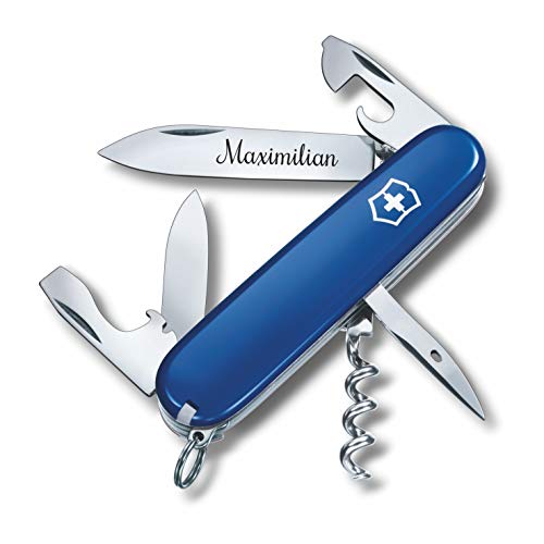 Taschenmesser SPARTAN mit Wunsch Gravur auf der Klinge I Geschenk für Männer Frauen I zum Geburtstag I Schweizer Taschenmesser personalisiert mit 12 Funktionen 1.3603 (blau)