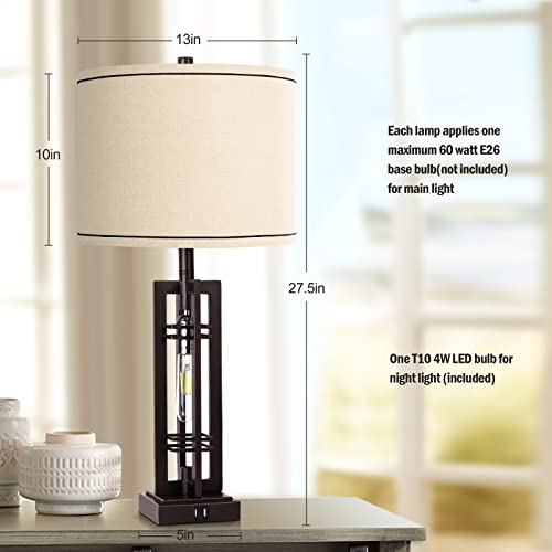 Rottogoon Table Lamps With Usb Ports, 27.5" Tall Farmhouse Table Lamp With Led Nightlight Blub, Bedside Lamp Oil Rubbed Bronze Off White Oatmeal Shade For Living Room Bedroom Home Office #TOP4