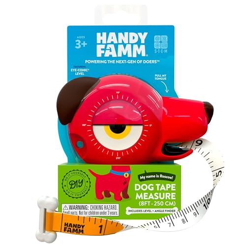 Handy Famm Roscoe the Dog Kids Tape Measure 4-in-1 Retractable Measuring Tape with Level Angle Finder & Eraser Ears Montessori STEM Toy Toddler Safe Real Tool Gift for Ages 3+