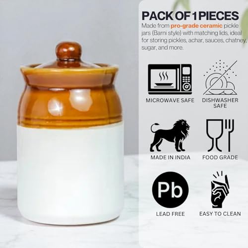 Image of Set of 1 Handmade Ceramic Pickle Jars with Lid - 1000ML Each | Bone Ash Free & Lead Free | Multipurpose Ceramic Storage Containers for Pickle, Achar, Chutney, Sauces, Spices