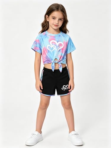 Image of Girls 6 Pieces Summer Outfits Casual Short Sleeve Tee Tops and Dolphin Shorts Set 4-12Y