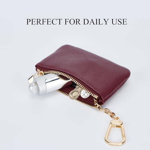 Image of Full Grain Leather Coin Purse with Key Chain - Small Change Purse Keychain Card Holder Keychain Pouch Small Keychain Wallet for Women and Men (Burgundy)