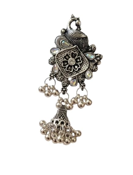 Harishree Enterprise Exquisite Oxidized Saree Pin with Textured Flower and Hanging Beads-image-35