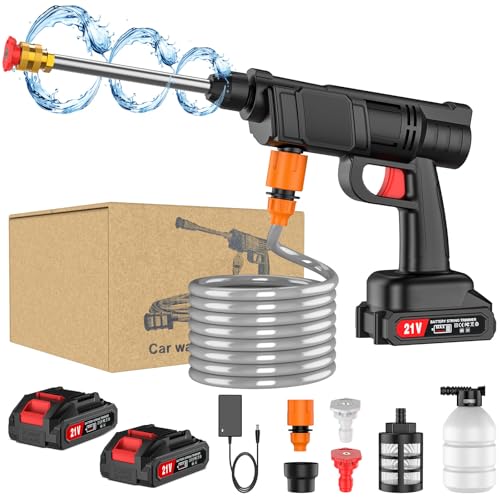 Nettoyeur Haute Pression sans Fil, Pistolet à Eau Portable avec 5m Tuyau, Nettoyeur Haute Pression sur Batterie, Pot en Mousse, Adapté pour Nettoyer Les Voitures, Sols (B-1 Batterie)