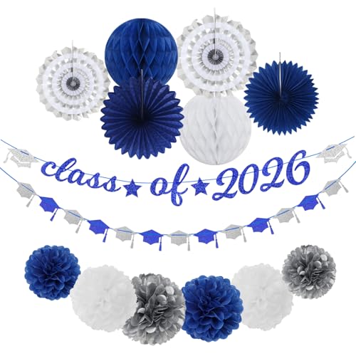 Image of Navy-Blue White-Silver Party-Decoration Graduation Banner - 14pcs Kits Cap Garland Streamers, Royal Paper Tissue Pom Poms Flowers Fans Honeycomb,Class Of 2026 College High School Grad Decor Hugfond