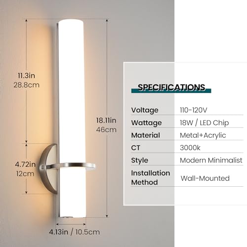 Image of AIJIASI Brushed Nickel Bathroom Sconces Wall Lighting 18W LED Dimmable Vanity Light Fixture, 2700K-5000K Indoor Modern Wall Light Fixtures for Bedroom Living Room Mirror Hallway Porch 18 inch