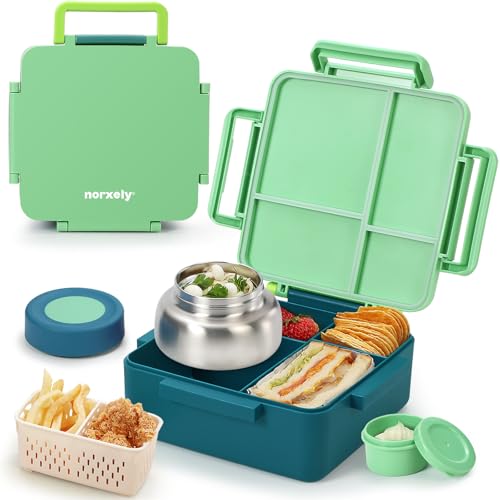 Norxely Bento Box for Kids with Thermos [Large Capacity] Insulated Lunch Box Kids with 4 Compartment for Ages 3+ Drop-Proof & Dishwasher Safe Lunchbox Container Green