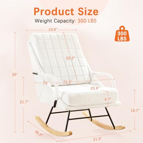 VECELO Rocking Chair Nursery, Larger Size Teddy Fabric Glider Rocker with Padded Cushion, Upholstered Removable High Back, White