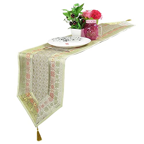 Image of E-EZRA Room Decor Banarasi Silk Handmade Flower V Shape Table Runner Dinning & Centre Table Long Runner Bed Runner Gold Tassels End Size 14 X 80 inches (Grey)