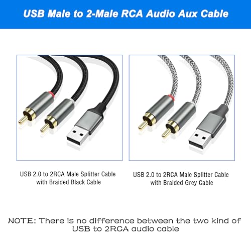 MEIRIYFA USB do 2RCA Audio Cable, USB 2.0 do 2RCA męskie 2 Phono Connector Y Splitter Cable, PC USB do Stereo Audio Cable Konwerter z dekoderem HIFI Chip dla wzmacniacza głośnika (2M)