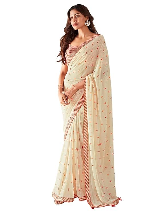 Sari en georgette léger couleur écru et coupe confortable taille unique