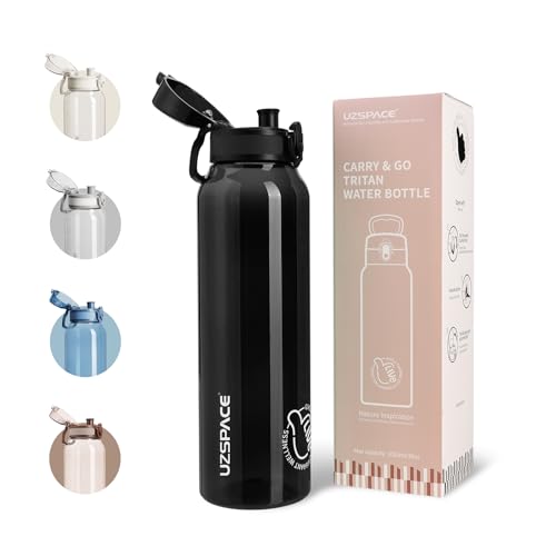 UZSPACE Gourde Sport 1L - Gourde Adulte Transparente sans BPA avec Poignée - Étanche Bouteille d'eau -Idéal pour Fitness et Voyage, Noir