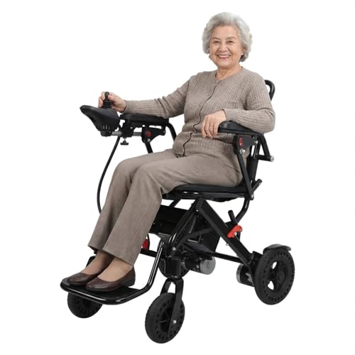 Foldable Electric Wheelchair with 500W Motor, 22kg, Lightweight, Airline-Friendly, Puncture-Proof Tires, Reversible Armrests, Large Footrest, 12-Mile Range, Hand Brake for Safety (Black)