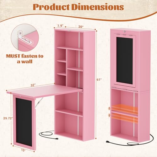Image of Armocity Small Folding Desk with Outlets, Convertible Writing Desk for Small Spaces /Craft Room, Multi-Function Desk Workstation, Fold-Out Cabinet Table, Pink