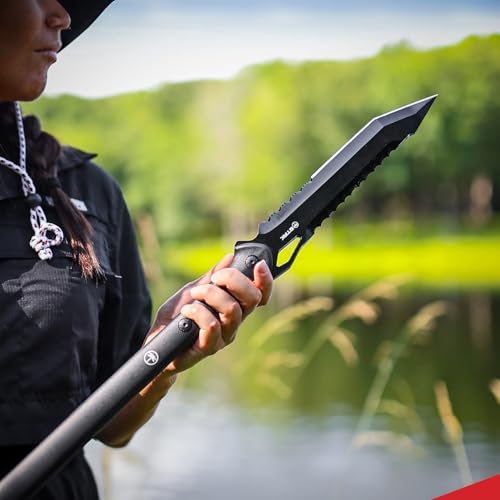 Sheffield STAK 11822 Tac Javelin Spear, Gifts for Men, 44\" Utility Spear for Camping, Hunting, and Bushcraft, 8\" Partially Serrated Tanto Blade Spear Head, TPR Snap Sheath