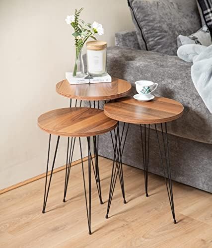 Bravich Set of 3 Round Side Coffee Tables, Nesting Tables, End Tables for Living Room, Dining Room, Bedroom, Modern Style, Metal Legs, Walnut Wood Effect Top