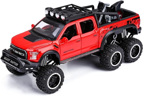 Image of 1:24 Raptor F150 Alloy Metal Diecast Car, Pull Back Toy Car with Openable Doors, Light and Music, Boys Gifts and Toys for Kids (Red)