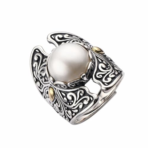 OIDIMS Vintage Pearl Wide Statement Ring for Women Oxidized Silver Plated Boho Open Wedding Band Wrap Expandable Finger Rings Comfort Fit Fashion Bohemian Ethnic Fashion Jewelry Size 7