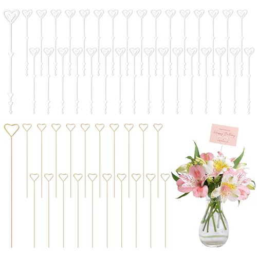 PiinRoon Floral Pick Card Holder, 100 Pcs Flower Card Holder Stick, 2 Styles Plastic Metal Heart Shape Head Floral Picks Clip for Flower Arrangement Bouquet Wedding Decorations