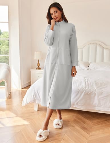 Image of Ekouaer Women Zipper Robe Long Sleeves House Coat Soft Bathrobe Sleepwear with Pockets Housecoat Loungewear