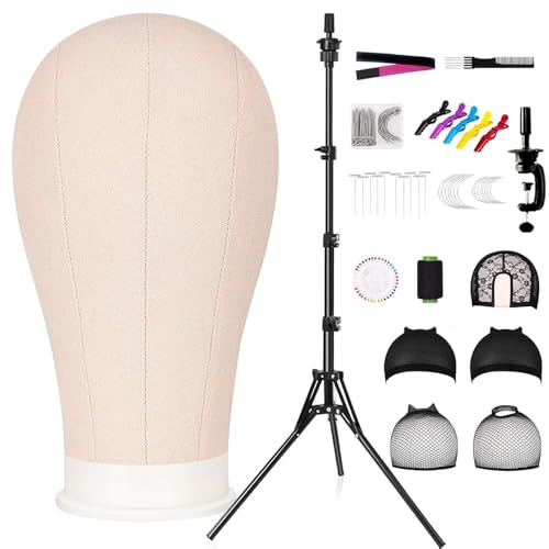 CASDUCT 63In Wig Stand Tripod with 22In Head, Canvas Wig Head Stand with Mannequin Head for Wigs Manikin Head Block Set for Wigs Making Display,Beige
