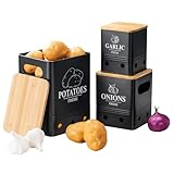 Kartoffel Aufbewahrungsbox 3er Set, Aufbewahrung Kartoffeln Zwiebeln Knoblauch, Metall Gem&uuml;sebox, mit Bambusdeckel, H&auml;lt Gem&uuml;se L&auml;nger Frisch, K&uuml;chenorganizer, Stapelbar & Verschachtelbar, Schwarz