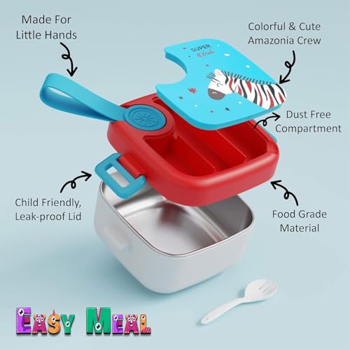 Image of Kids Lunch Box with Stainless Steel Inner | Leakproof BPA Free Snack Box for Kids Boys & Girls | Small Tiffin Box for School, Fruit & Snacks | Cute Bento Lunch Box for Toddlers (RED-Blue)