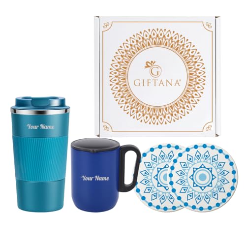 Image of Giftana 3 in 1 Personalized Tumbler with Coffee Mug 180ml & 2 Coasters - Customized Gift Set for Men & Women, Ideal for Husband, Father, Corporate Gifts for Employee (Blue 1)