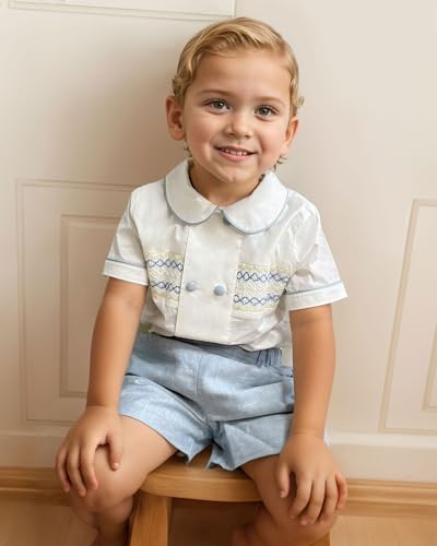 Image of Twoflower Smocked toddler boy outfits Summer Cotton Short Sleeve boys' button-down shirts Casual 2 piece Clothing Set