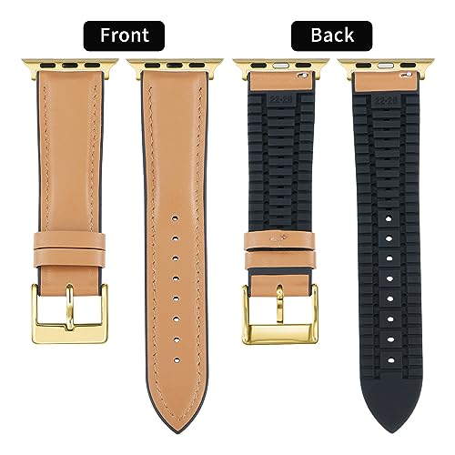 BINLUN Compatible with Apple Watch Bands Leather Soft Silicone Inner Hybrid Sweatproof 38mm 40mm 41mm 42mm Watch Strap for iWatch Ultra SE Series 11/10/9/8/7/6/5/4/3/2/1(Gold Buckle,Light Brown) - Image 2