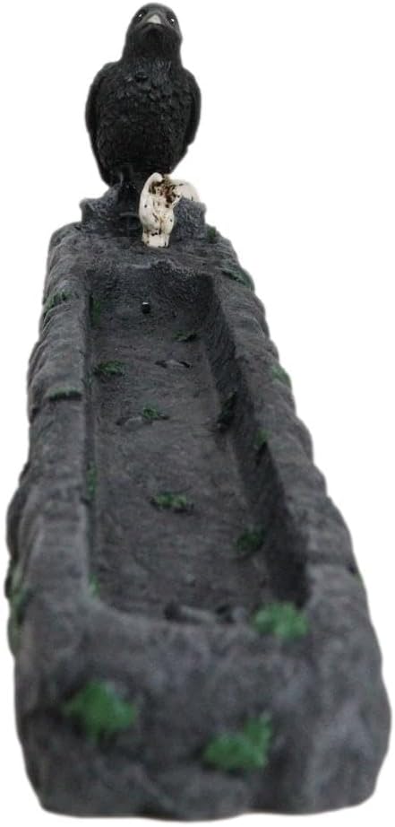 Ebros Gift Edgar Poe The Nevermore Raven Crow Perching Graveyard Tombstone with Skull and Skeleton Hand Incense Burner or Holder Figurine Ossuary Death and Alchemy Decor Accent
