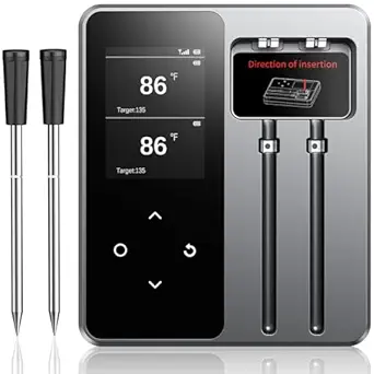 Wireless Meat Thermometer with App Control, 600FT Bluetooth Range, 2 Probes & 6 Sensors, Instant Read, LCD Display, Waterproof, Real-Time Monitoring & Smart Alerts