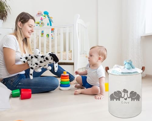Image of 19.7 inch x 15.7 inchLaundry Basket,Round Cotton Linen Storage Bin with Drawstring Cover for Bathroom /Closet /Toys Storage(Elephants)