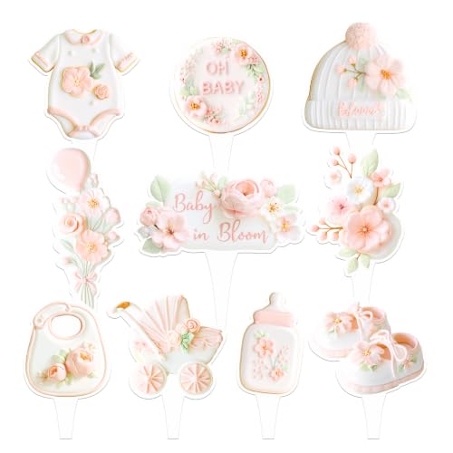 Baby in Bloom Cupcake Toppers (30 Pack) – Floral Baby Shower Decorations, Garden Theme Cupcake Picks, Pink Blush Wildflower Dessert Toppers for Girl Baby Shower Party decor (Bloom Baby Set)