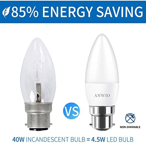 ANWIO Daylight B22 Bayonet LED Candle Bulbs C37 4.5W Small BC Candle Bulbs , 40W Incandescent Bulb Equivalent, 470Lm ,6500K Cool White Plastic Candle Bulbs,Non-Dimmable ( 6 PCS)