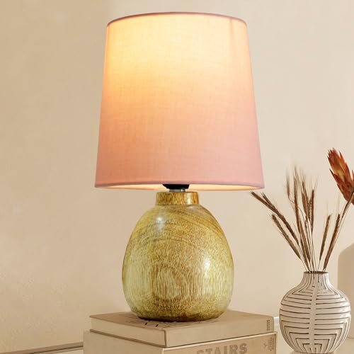Image of Wooden Bedside Table Lamp with Fabric Shade, Warm Ambient Light, Handmade Mango Wood Base, Rustic Farmhouse Design, Cute Dowel, 15 x 15 x 25 cm (Pink)