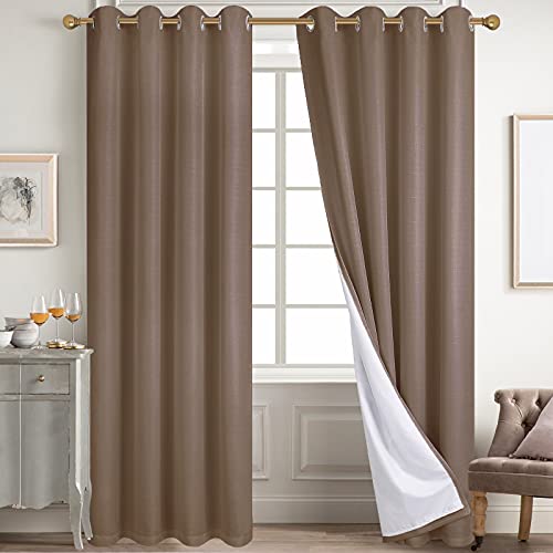 Diraysid 100% Blackout Curtains Cappuccino Linen Curtains for Bedroom Grommet Thermal Insulated Room Darkening Drapes (2 Panels, W52 x L95 Inch)