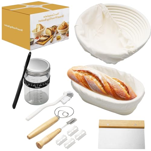 Cestino Lievitazione Pane 8 Pezzi - Set Lievitazione Pane in Casa con 2 Cestini Lievitazione Barattolo Lievito Madre Lametta Spatola Impasto Frusta Impasti Pennello e Misuratore di Crescita