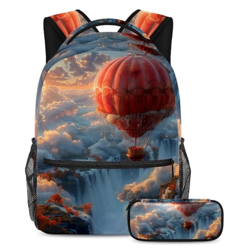 Sac à dos avec trousse à crayons montgolfière rouge pour école et voyage