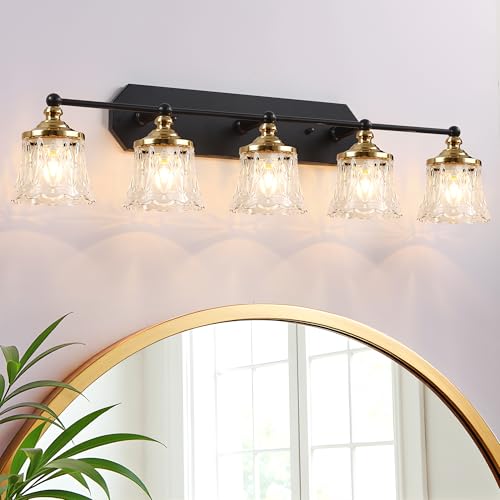 Vintage Bathroom Vanity Light Fixtures, Black and Gold 5-Light Vanity