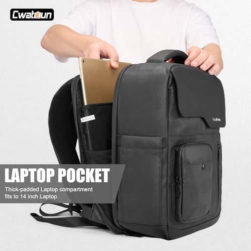Cwatcun Waterproof Camera Backpack PU Leather Camera Bag with Tripod Holder, 14" Laptop Compartment for Canon Sony Nikon SLR DSLR Mirrorless Camera, Lens, Travel Photography Camera Bag Case by Cwatcun - Image 5